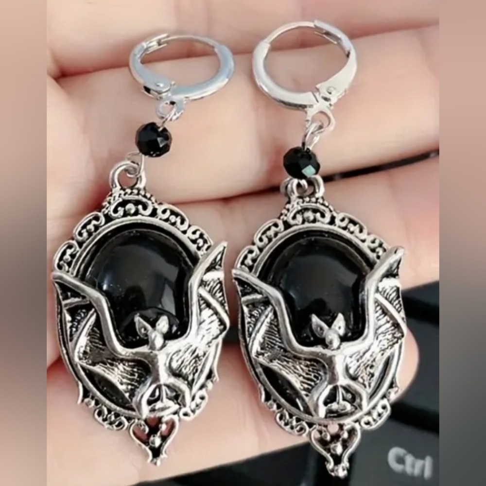 Vintage Gothic Bat Drop Earrings, Black Resin Pendant
